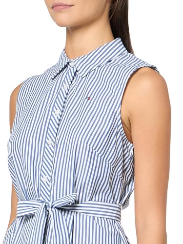 Image of Tommy Hilfiger Women's Sleeveless Collared Button Front Tie Waist Mini Shirt Dress