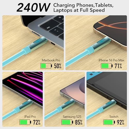 Image of MFish 240W USB-C to USB-C Cable (PD 3.1 EPR), 480Mbps Speed, Fast Charging Type C Cable for MacBook Pro /Air, iPhone 17 /16 Pro, Galaxy S25 /S24, Laptops, iPad, Durable Silicone, 6FT Blue