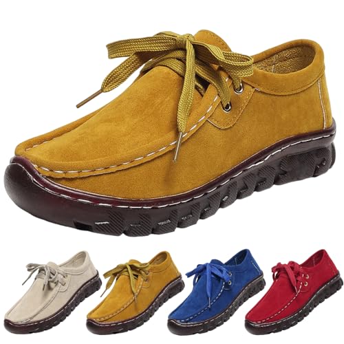 Zapatos Planos para Mujer con Cordones Y Costuras Decorativas,Mocasines Ortopédicos con Plantilla De Soporte para El Arco,Mocasines De Gamuza con Cordones,cómodos Y Antideslizantes (Amarillo,42)