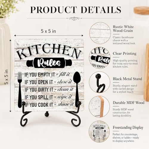 Image of Rustic Wood Plaque with Stand - Kitchen Decor - Kitchen Rules Wood Sign - Idea Wooden Decor for Home Living Room Dining Room Shelf Table Decoration (31)