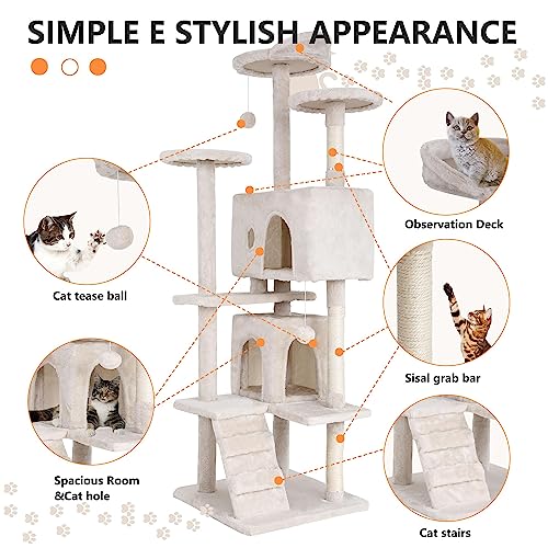 Image of 70 Inch Cat Tree, Cat Tower for Indoor Cats, Multi-Level Tall Cat Tree Kitten Tower with Cat Scratching Post, Cat Condo, Plush Perch, Dangling Ball, Heavy Duty Cat Tree for Large Cats, Beige