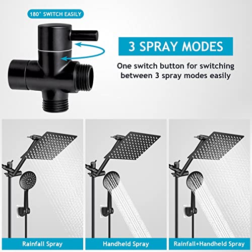 Xagai Shower Head,8 Inch Rain Showerhead With 11 Inch Adjustment Extension Arm/High Pressure Handheld Shower Head Combo,3 Spray Setting Handheld Showerhead With 60'' Hose/Adhesive Bracket-Matte Black #TOP2