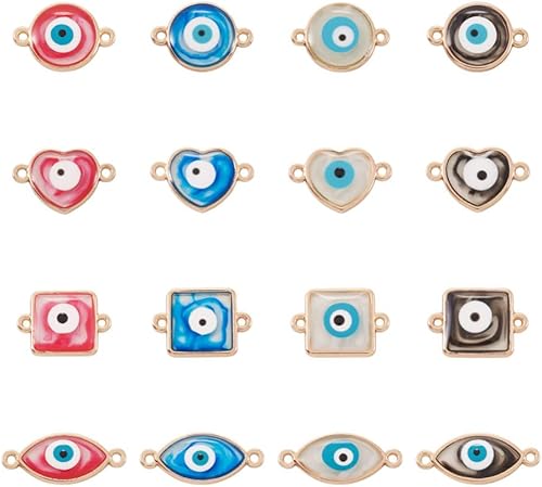 Miniatura 1 de 32 piezas de eslabones de resina epoxi de aleación de zinc contra el mal de ojo, forma de ojo de caballo cuadrado plano con patrón de mal de ojo,