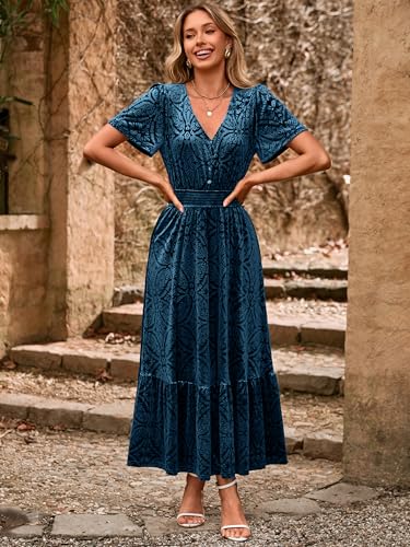 Simplee Womens Fall Velvet Dress Short Sleeve V Neck Floral Maxi Dress Long Formal Winter Wedding Guest Dresses2