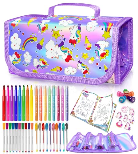 Image of weirtoya 56 PCS Washable Scented Markers with Glitter Pencil Case, Mermaid Unicorn Arts and Crafts for kids 4-6-8 Kids Coloring Drawing Kits for 4-8 Years Old Girls (Purple, 56)