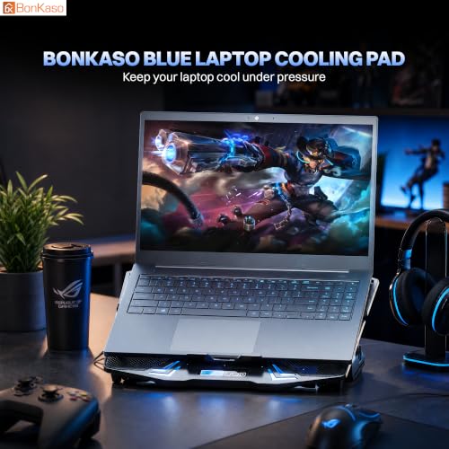 Image of Bonkaso Laptop Cooling Pad for Up to 15.6 Inch Laptops, 6 Blue LED Fans, 1900 RPM, Digital Display, 2 /4 /6 Fan Modes, 5-Level Adjustable Stand, Dual USB Extension, Iron Mesh, 21 dBA