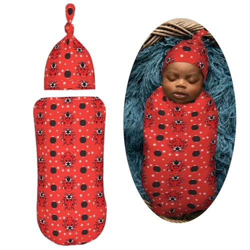 Image of Polka Dot Ladybug Newborn Swaddle Blankets Hat Sets Soft Baby Receiving Blanket Swaddle Sack for Baby Shower Infant Boy Girl Gift