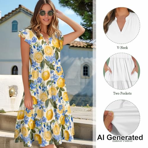 Image of Women's Casual Ruffle Sleeve Dress V Neck Pullover Dress Flowy A-Line Pleated Lightweight Dress with Pockets