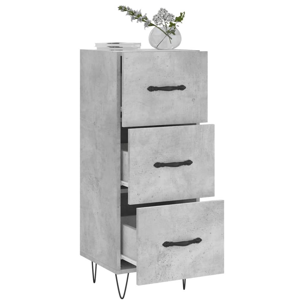 Kredens szary betonowy materiał drewnopochodny z metalowymi nogami, 34,5 x 34 x 90 cm, komoda do salonu, szafka pomocnicza z 3 szufladami, do korytarza, jadalni i sypialni