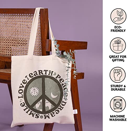 Folkulture Canvas Tote Bag With Zipper For Women | 16" X 15" - 100% Cotton Reusable Grocery Bag With Pocket, Tote Bag Aesthetic For Men & Teens | Tote Bags For Beach Travel Shopping (Peace And Love) #TOP1