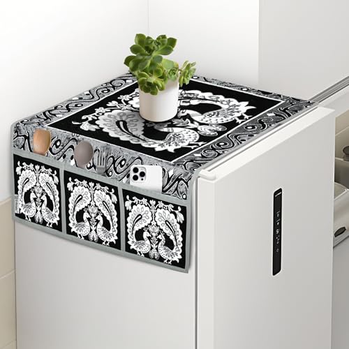 Image of Fridge Cover for Top, Polyester 3-Layered Freeze Cover for Top, Refrigerator Cover With 6 Utility Pockets and Peacock Design (Black, 39x21 In)