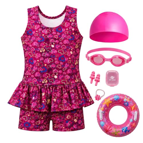 Image of LEBAMI ﻿Kids Girls One piece Swimsuit Combo Kit | Frock Swim Costume with Goggles, Cap, Swimming Tube, Nose Clip & Earplugs | Pool & Beach Swimming Kit