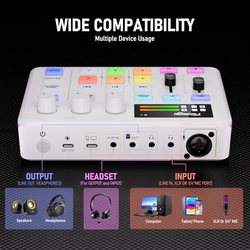 Image of Facmogu G9 Audio Mixer, Streaming RGB PC Mixer with XLR Microphone Interface, Volume Fader, Mute Button, 48V Phantom Power, Sound Board Podcast Equipment for Live Streaming, Podcast Recording - White