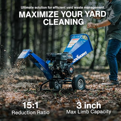 Landworks Wood Chipper Shredder Mulcher, Heavy Duty, 7 HP Gas Powered, Compact Rotor Assembly, 3 Inch Max Capacity