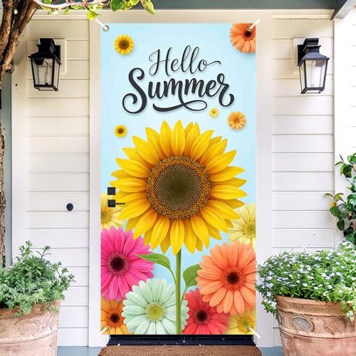 Image of Hello Summer Sunflower Door Cover Decorative Front Door Banner