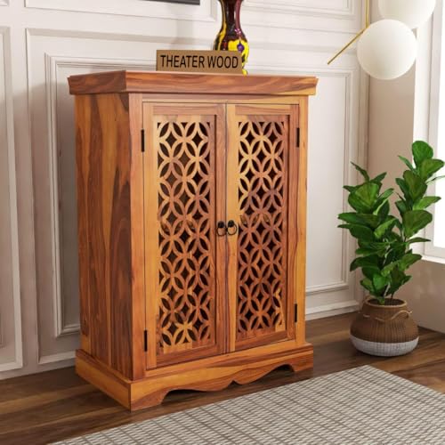 Image of Solid Sheesham Wood Sideboard and Cabinets | Wooden Side Board Small for Living Room | Free Standing Buffet Cabinet with 2 Door Cabinet Storage | Rosewood, Natural Finish