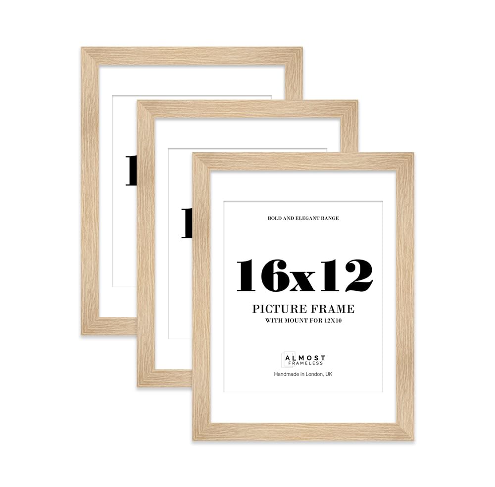16x12 Oak Frame With Mount for 12x10 Pictures 28mm Edge Portrait and Landscape Display with Wall Hooks, 3 Pack