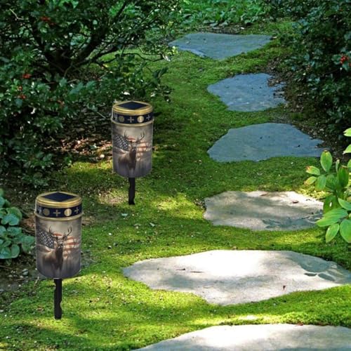 Image of Poceacles Outdoor Lights Solar Powered Flameless Candle Cemetery Votive Candles Waterproof Outdoor Memorial Candle Solar Stake Lights 4th of July Patriotic Decor, Deer American Flag Retro, Pack of 4