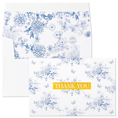 Crisky French Blue Floral Toile de Jouy Thank you cards Gold Foil...
