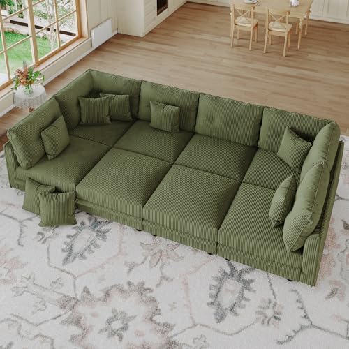 Image of LLappuil 112 inch Modular Sectional Sofa with Storage Seats, U-Shaped Corduroy Couch with Reversible Chaise, Heavy Duty Scratch Resistant 8-Piece Sofa for Living Room, Includes 8 Pillows, Green