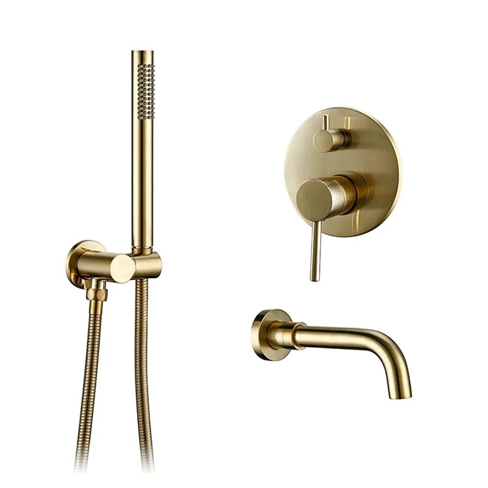 Bathtub Taps with Shower Mixer, Tub Taps Hot and Cold Bathroom Faucet Brushed Brass Shower Faucet Diverter, with Wall Mount Spout Handheld Hose Bathtub Filler Mixer Tap Set,Brushed Gold