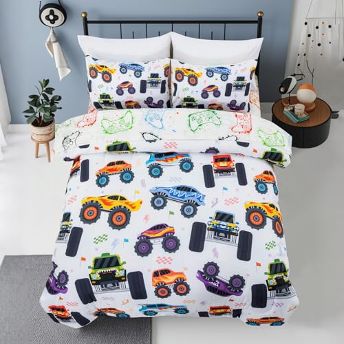Holawakaka Boys Twin Size Off-Road Racing Truck Print Bedding Comforter Set with Sheets, Cartoon Race Trucks Printed Bed in A Bag 5 Pieces Kids Teen-Boys Monster Cars Dorm Reversible Bed Sets,Multi