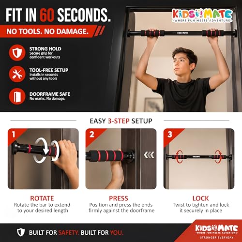 Image of Kidsmate Hanging Rod and Pull Up Bar for Kids | Exercise Rod for Kids & Adults | 100 Kg Capacity | Stretching Bar for Growth, Posture & Exercise | No Drill Installation with Safety Lock - Black