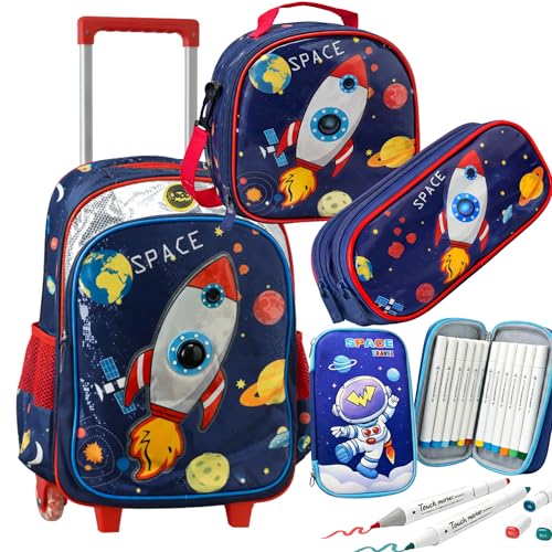 Kit Mochila Infantil Menino com Rodinhas Lancheira Termica Estojo Inclui Kit Escolar de Pintura Astronauta Space