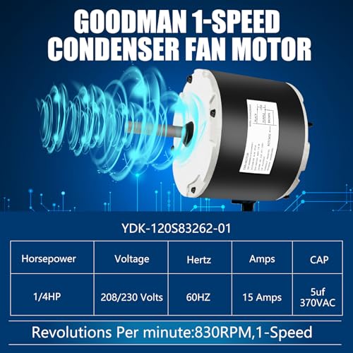 Image of 0131M00061SP Condenser Fan Motor 1 /4 Hp, YDK-180S84062-01, 1-Speed, 208 /230 Volts, 1.5 Amps, 830 RPM, Compatible with Goodman Amana Janitrol Air Conditioner Fan Motor, 0131M00014PS