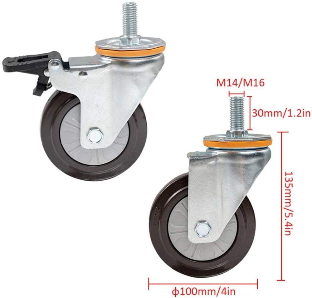 X4 Roulette en Caoutchouc 4in Roue de Roulette pivotante Meuble Industriel Roue de Remplacement-avec Tige de vis de Frein M14 / 16x30mm Charge 300kg-M16_4_Brake