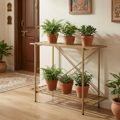 Image of ecofynd Eric Plant Stands for Outdoor Balcony, Flower Pot Stand for Indoor Plants, Large Metal Planter Stand for Living Room, home decor, Indoor & Outdoor plants, 2 Tier (35 Inch, PS041-GO)