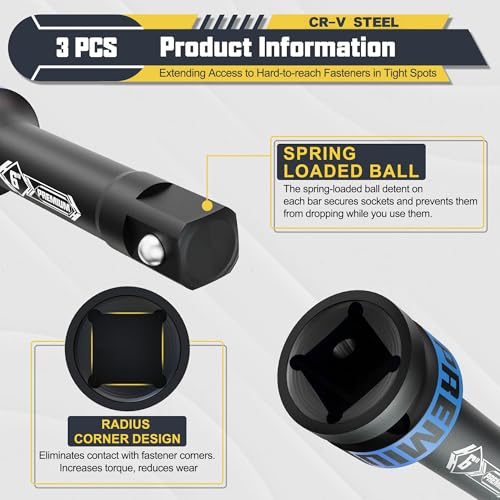 Image of 3 Pcs 3 /4 inch Drive Impact Extension Bar Set, 4 inch 6 inch 10 inch Length Socket Extension, CR-V Steel, Narrow and Deep Areas in Bicycle, Automotive Repair or Industrial Operations