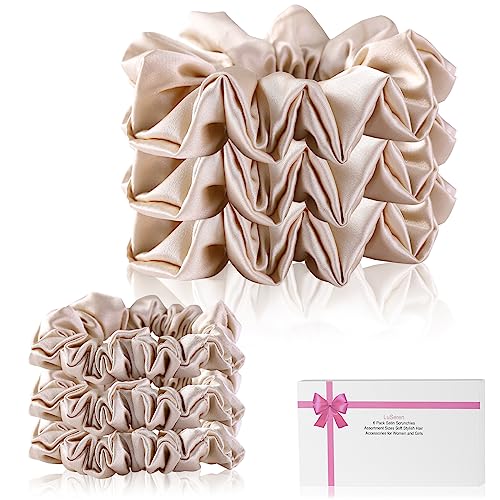 LuSeren 6 Count Silk Satin Scrunchies - Assortment Sizes - Soft Stylish Silk Hair Scrunchies for Women and Girls, Champagne