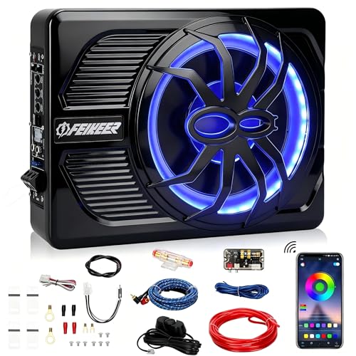 Feikeer 10' 800W Under Seat Car Subwoofer, Blue-Tooth Subwoofers for Cars with Multicolored LED Ambient Light, Portable Audio Save Cars Interior Space and Easy to Install On Your Every Car Or Truck.