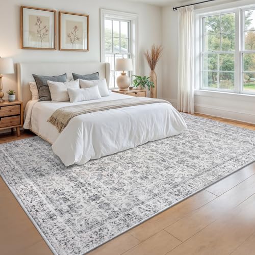 Vintage 9x12 Area Rugs for Living Room Grey Blue White, Machine Washable Large Area Rug Non-Slip, Ultra Soft Floral Tribal Traditional Farmhouse Carpet for Dining Room Bedroom Home Décor