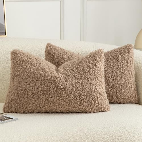 Image of Pack of 2 Curly Teddy Wool Faux Fur Throw Pillow Covers Fuzzy Accent Soft Sherpa Pillowcases Sheepskin Fleece Decorative Cushion Case for Sofa Couch Living Room 12x20 Inch Khaki