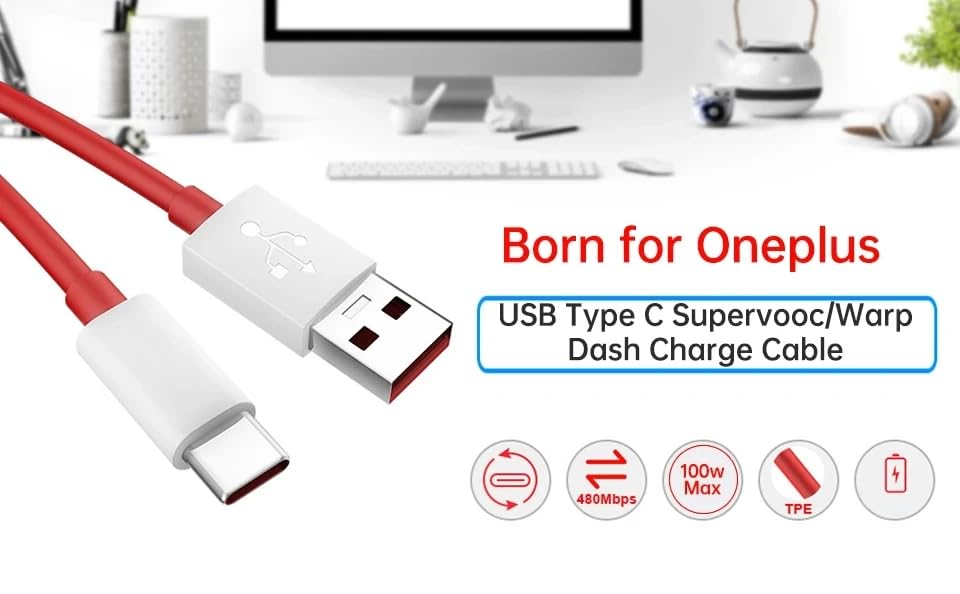Image of Si Original Dash /Warp USB Type C Data Sync Fast Charging Charger Cable for One Plus 12 5G,12r,11,11r,10r,10t,10,10 pro,9 Pro,8,8T,7t,7t Pro,6,5, Nord (DashType C Cable)