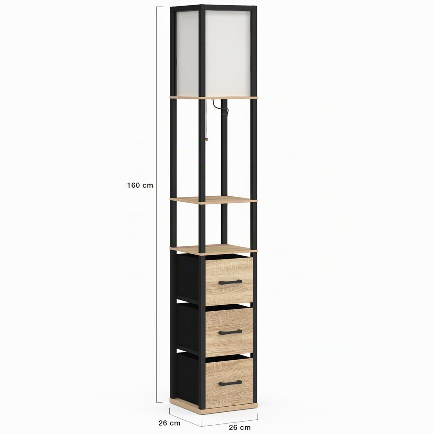 IDMarket - Lámpara de pie industrial de madera negra con estantes de madera clara 3 cajones tela UTAH y pantalla cuadrada blanca