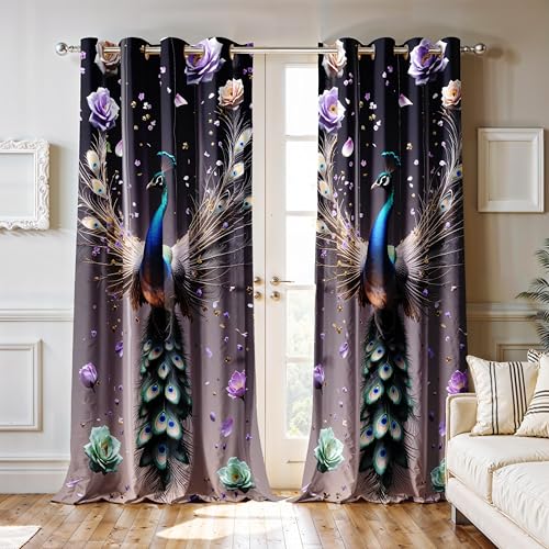 Image of Ultimate Trends Room Darkening Digital Printed Peacock Prints Curtain 65-70% Opacity,Diamond Eyelets, Tie Back, 7 FEET Pack of 2,Pewter Gray & Black