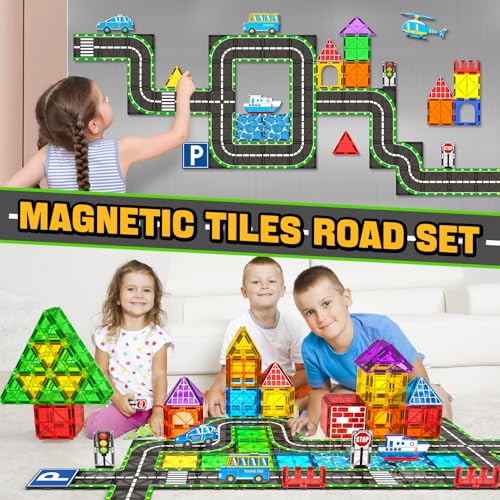 Magnetic Tiles Road Set with Car Magnet Building Tile Toys for Kids Ages 3-5 4-8 5-7 Magnetic Blocks Expansion Pack STEM Construction Toys for 3 Year Old Boy Girl Toddler Christmas Birthday Gift 42pcs