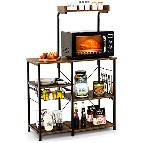 Giantex Bakers Rack, 4-Tier Microwave Stand with Storage, Kitchen Utility Shelves, Wire Basket with 5 Hooks, Spice Rack for Organizing Utensils, Work Station with Countertop, 35.5