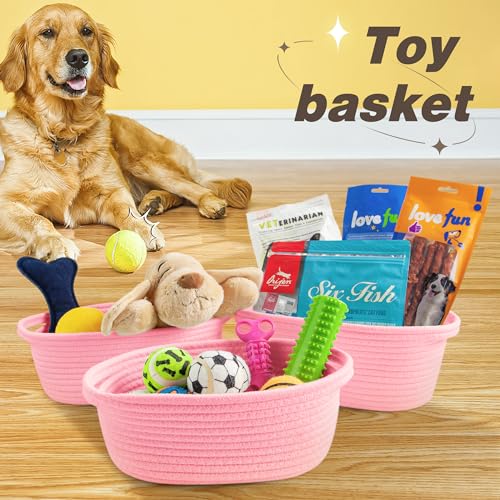 Image of Pro Goleem Small Woven Basket with Gift Bags and Ribbons Durable Baskets for Gifts Empty Small Rope Basket for Storage 12 inchX 8 inch X 5 inch Baby Toy Basket with Handles, Pink