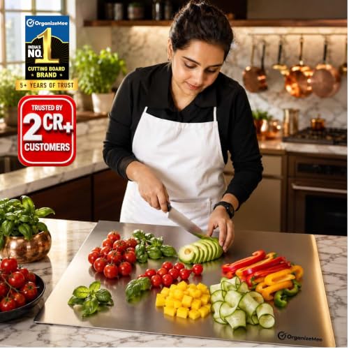 Image of OrganizeMee Stainless Steel 304 Fruit Chopping Cutting Board for Kitchen, Kitchen Metal Chopping Board for Vegetables Breads and Meats, Heavy Duty Safe (Platform Large 50X39CM)