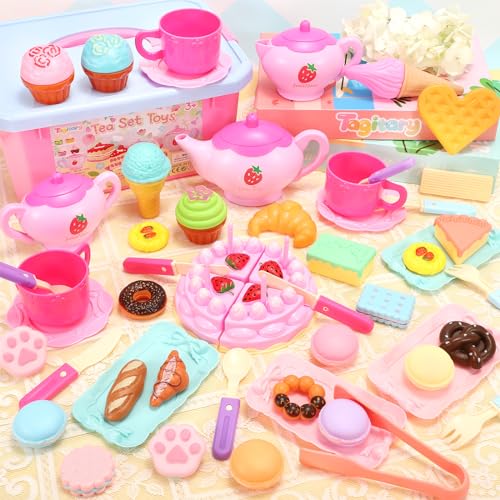 Tea Party Set for Little Girls: Princess Pretend Play Toys, Including Dessert Cookies Teapot Cups Tablecloth and Carrying Case. Perfect Birthday Gift for Toddlers.