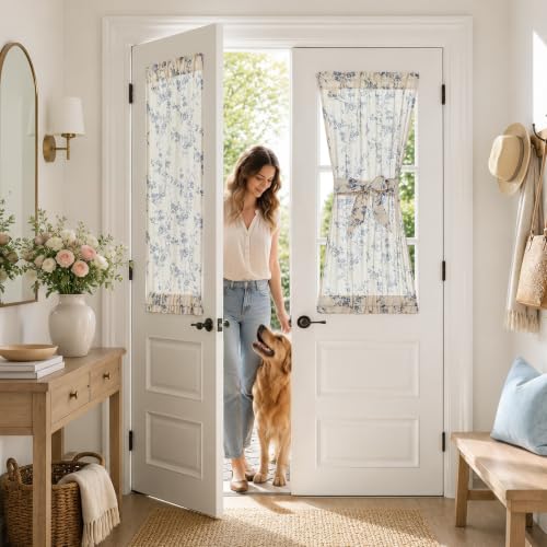 Image of jinchan Blue Linen Floral French Door Curtains 40 Inch Rod Pocket 2 Panels