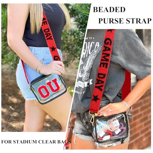 Image of Beaded Purse Strap Football Game Day Purse Strap Stadium Clear Handbag Replacement Straps Red Black Crossbody Bag Strap Football Accessories Game Day Outfits (Red Black)