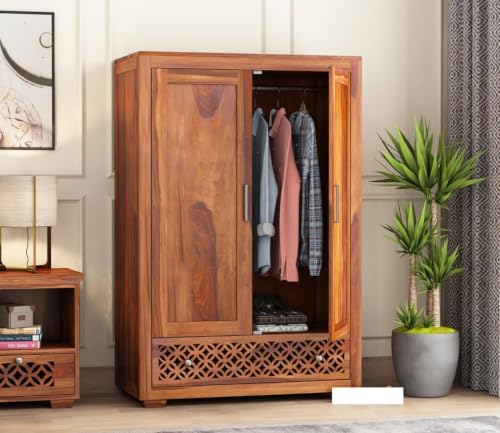 Image of Solid Sheesham Wood 2 Door Almirah /Wardrobe /Cupboard Cabinet with Storage of 1 Cabinet and 2 Drawers for Bedroom Home | (G-Hony)