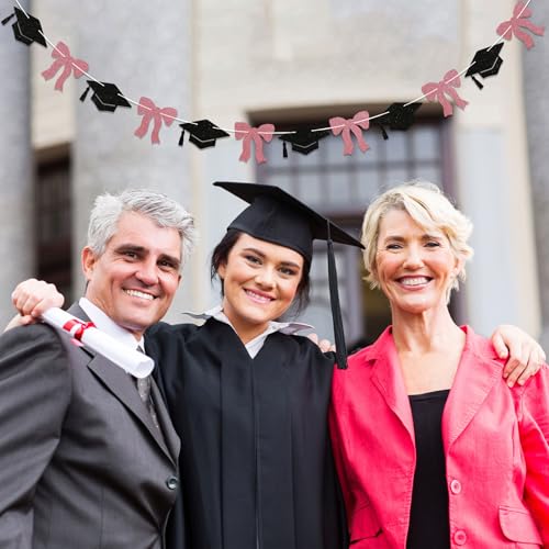 Image of Pink Graduation Decorations - Pink Bow & Graduate Cap Garland, Trendy Graduation Party Decor, 2026 Graduation Party Decorations for Girls Rose Gold Black Glitter