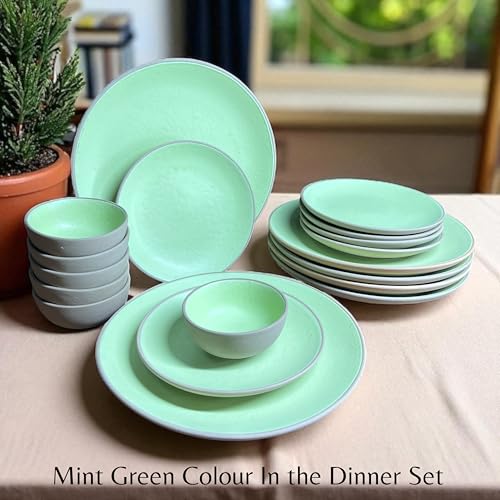 Image of Hand Painted Ceramic Dinnerware Set - 18 Pieces | 6 Dinner Plates, 6 Small Plates, 6 Katori Bowls | Earthy Mint | Microwave & Dishwasher Safe | Perfect for Home & Gifting