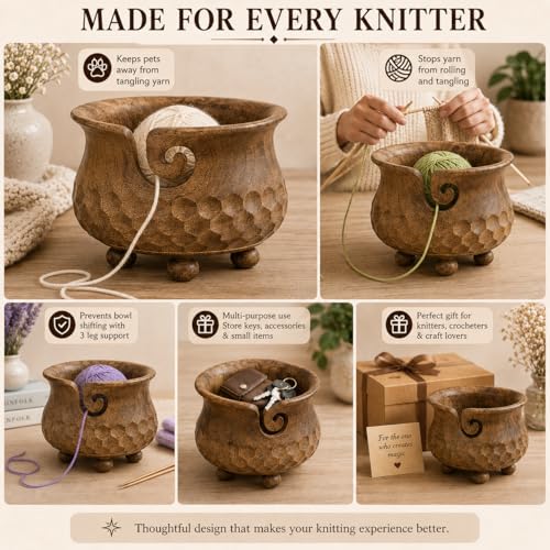 Image of Large Pot Yarn Bowl, 7 x 4 Inch Wooden Knitting Holder | Mango Wood, Holds 2 Yarn Skeins, 3-Leg Support, Tangle-Free, Smooth Finish, Pot Shape, Giftable